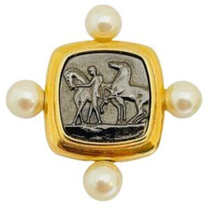 VTG Marvella Gold Tone Faux Pearl Roman Horse Equestrian Intaglio Brooch Signed